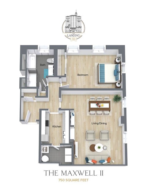 Floor plan for 1 bed, 1 bath, 750 sqft
